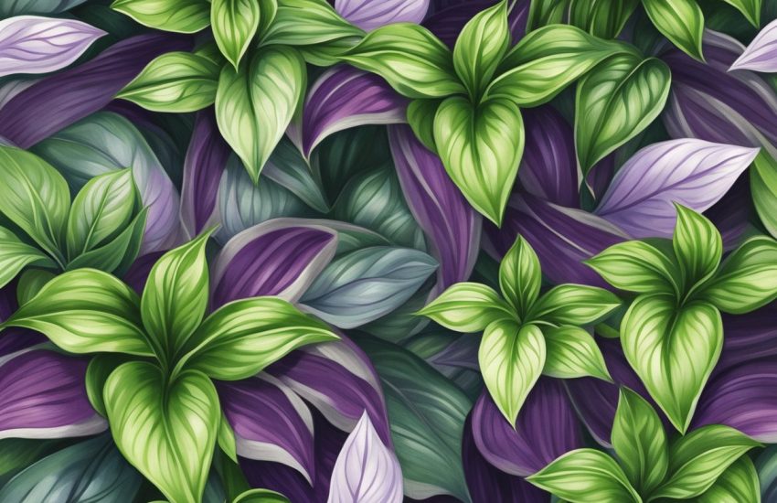 Lush green leaves of wandering jew plants cascade down a moss-covered rock, with delicate purple and silver stripes adorning the foliage