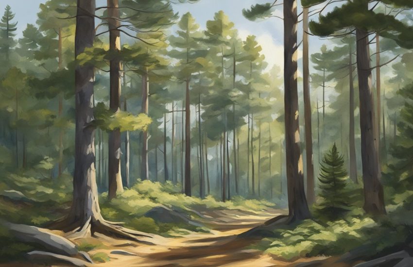 Tall New England pine trees stand proudly in the forest, their green needles swaying gently in the breeze. The sunlight filters through the branches, casting dappled shadows on the forest floor