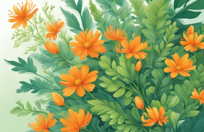 Bright orange flowers resembling carrot tops sway in the breeze, their delicate green leaves and feathery fronds creating a whimsical and vibrant scene