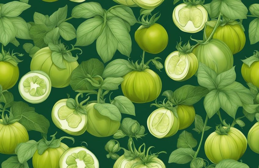 Lush green plants resembling tomatillos grow in a garden, their round, papery husks enclosing small fruits. Tall stems and delicate leaves create a vibrant, organic scene