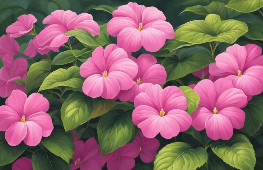Bright pink impatiens bloom in a shady garden, their delicate petals resembling tiny trumpets. Green leaves provide a lush backdrop