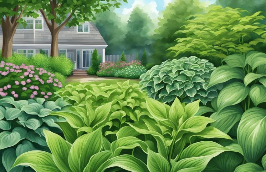 Lush green weeds resembling hostas fill the garden bed