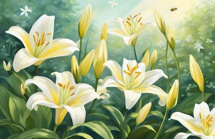 Bright lilies bloom in a lush garden, their petals reaching towards the sun. Bees buzz around, collecting nectar from the delicate, white flowers