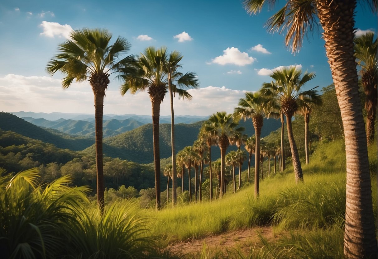 Lush green palm trees sway in the warm Alabama breeze, set against a backdrop of rolling hills and clear blue skies