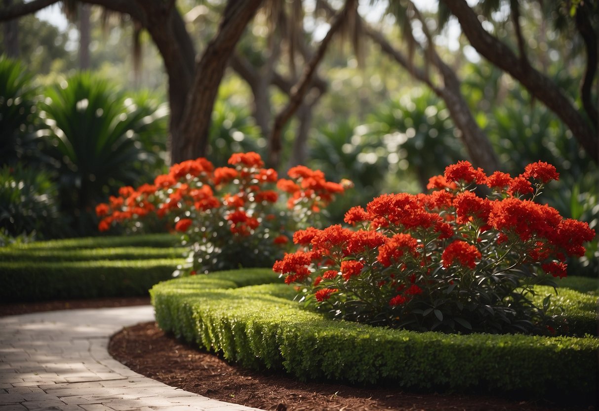 Vibrant red flower trees bloom in a lush Florida garden, surrounded by carefully tended soil and well-maintained foliage