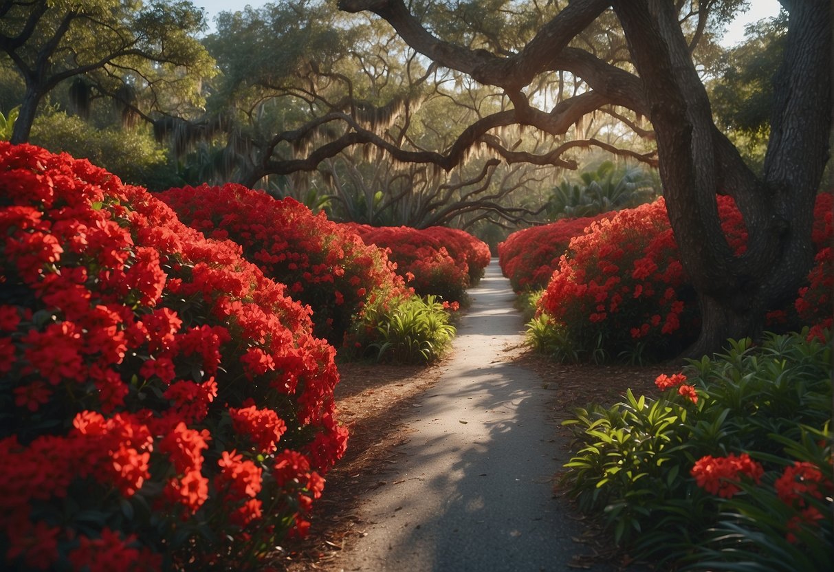 Vibrant red flower trees bloom in a lush Florida landscape, attracting attention from passersby