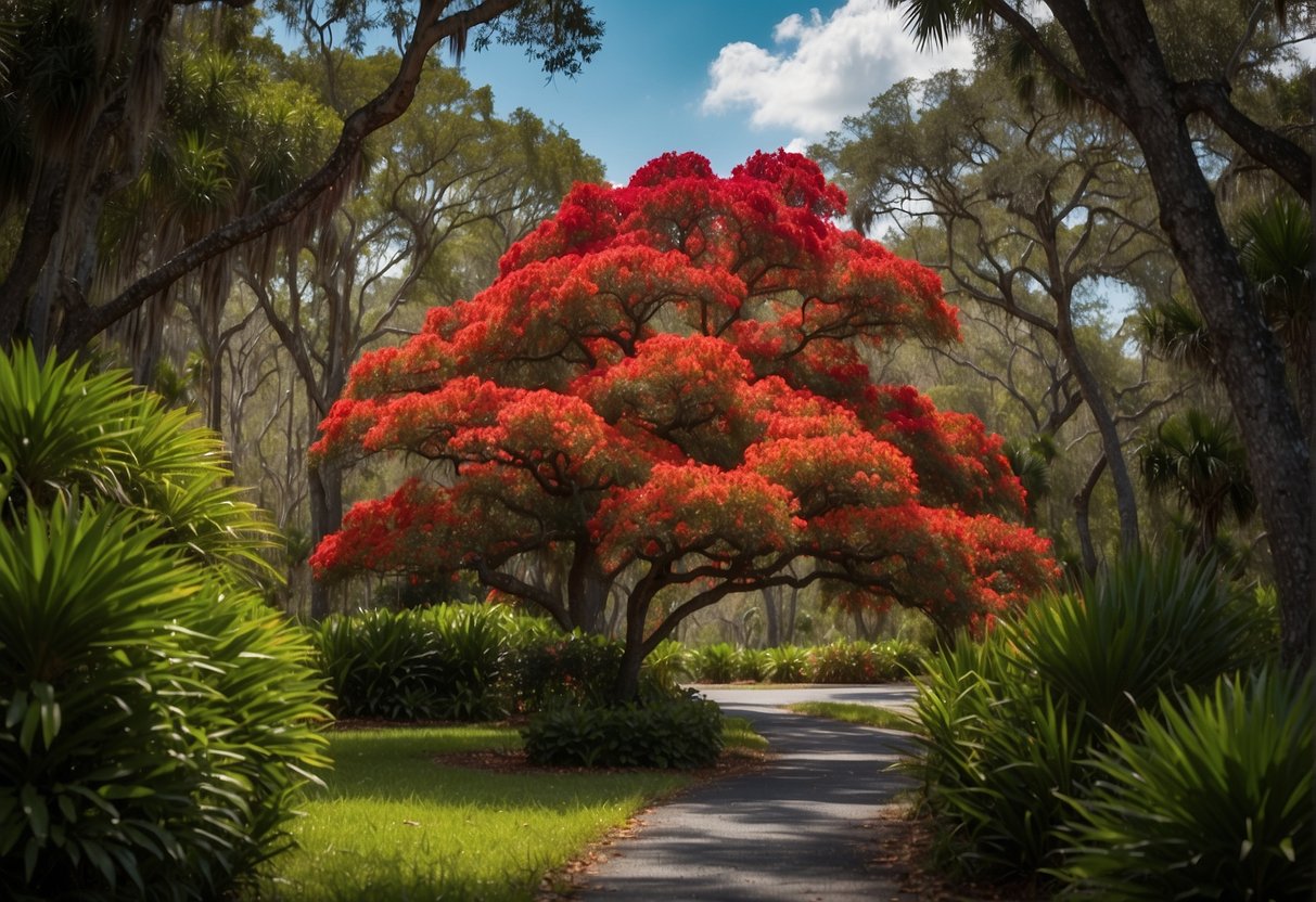 Vibrant red flowering trees dot the Florida landscape, creating a stunning display of color against the green foliage