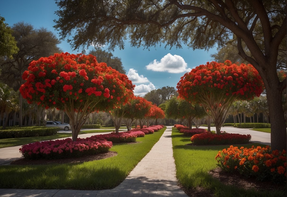 Lush red flower trees bloom in a Florida landscape, providing environmental benefits and adding vibrant color to the surroundings