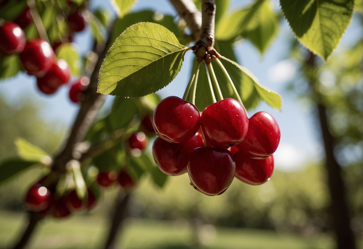 A cherry tree thriving in a sunny, warm climate with well-drained soil and adequate moisture. Sunlight filters through the leaves, and ripe cherries hang from the branches