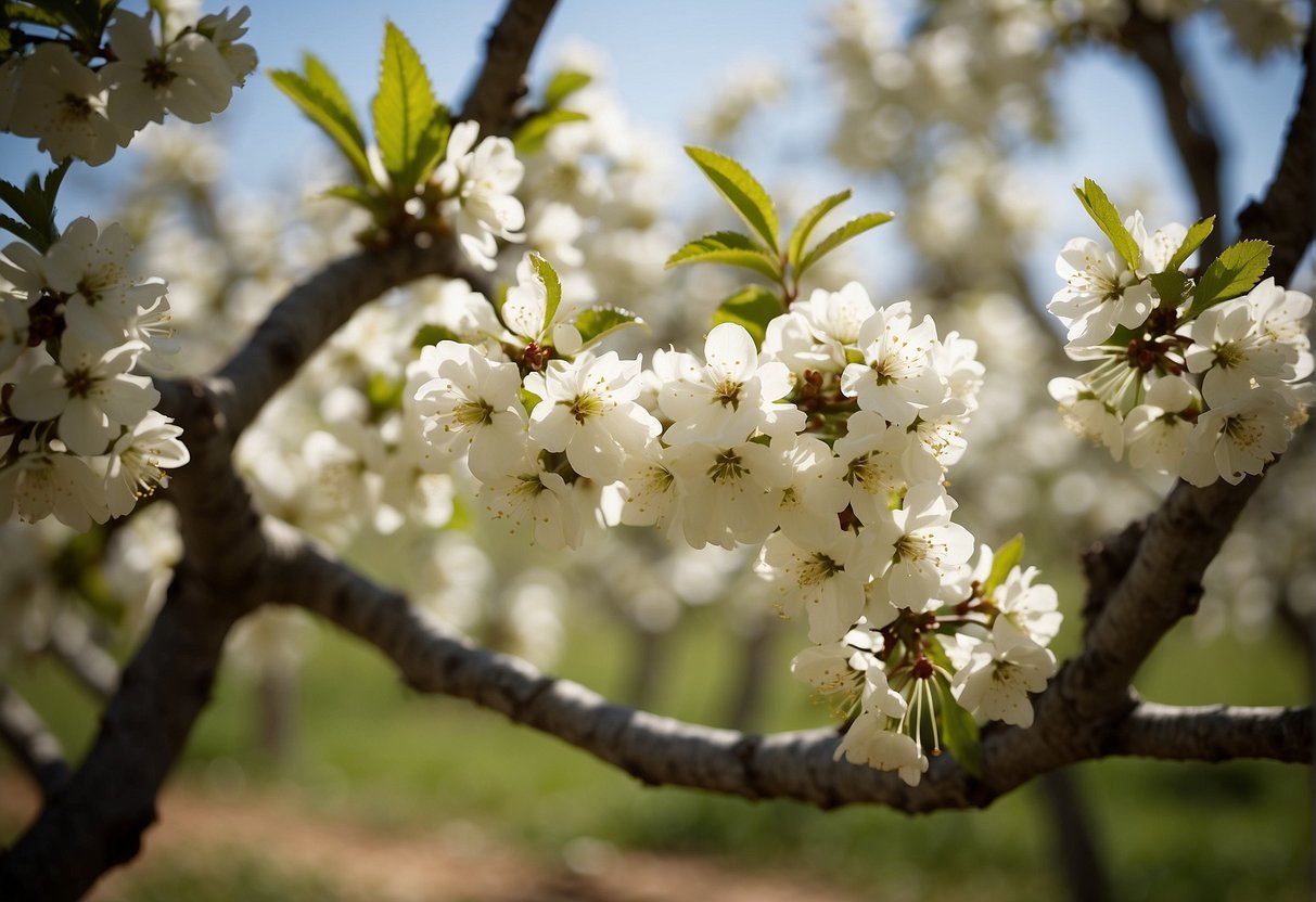 Lush Texas orchard with various cherry trees in bloom, showcasing different cherry varieties