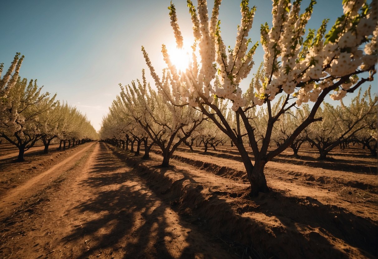 Cherry trees in a Texas orchard, surrounded by rows of carefully tended soil, with sunlight filtering through the branches
