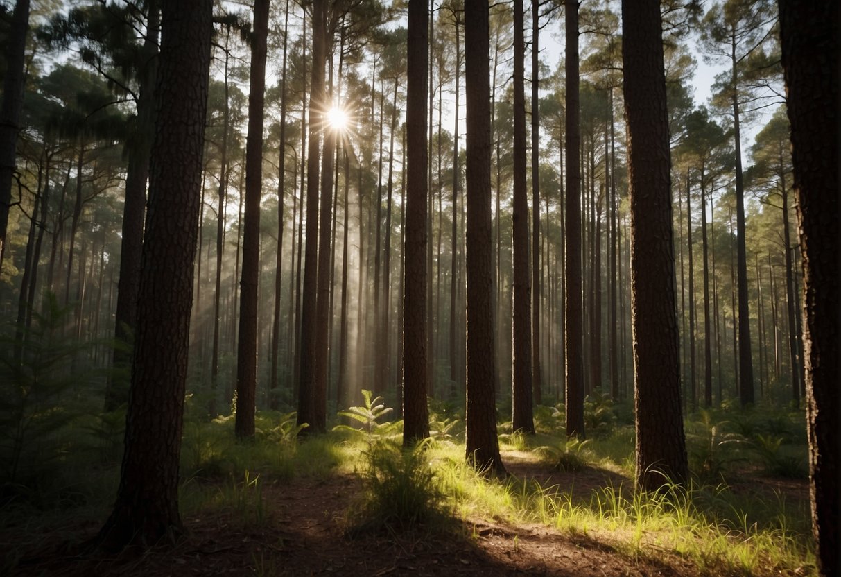 Sunlight filters through tall pine trees in a South Florida forest. A ranger marks trees for selective logging, while hikers enjoy the shaded trails