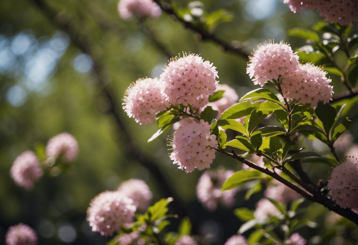 A Texas tree with pink flowers is being carefully cultivated and cared for in a well-maintained garden