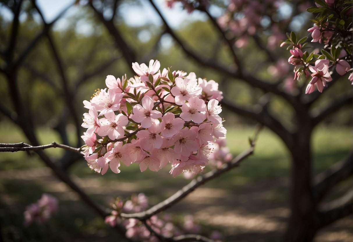 A Texas tree with pink flowers provides shade and habitat for wildlife, contributing to the local ecosystem