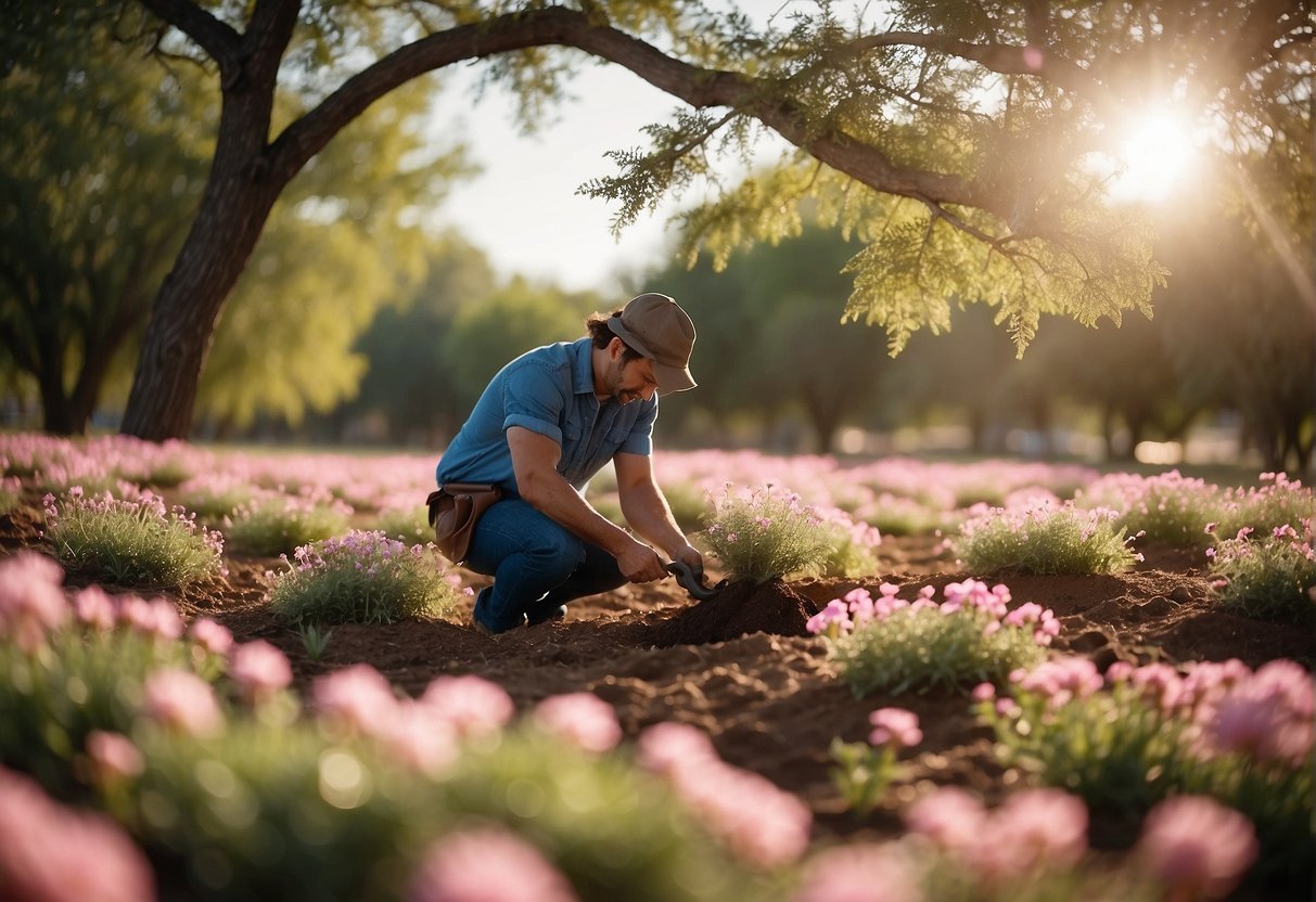 A person planting a Texas tree with pink flowers in a sunny landscape