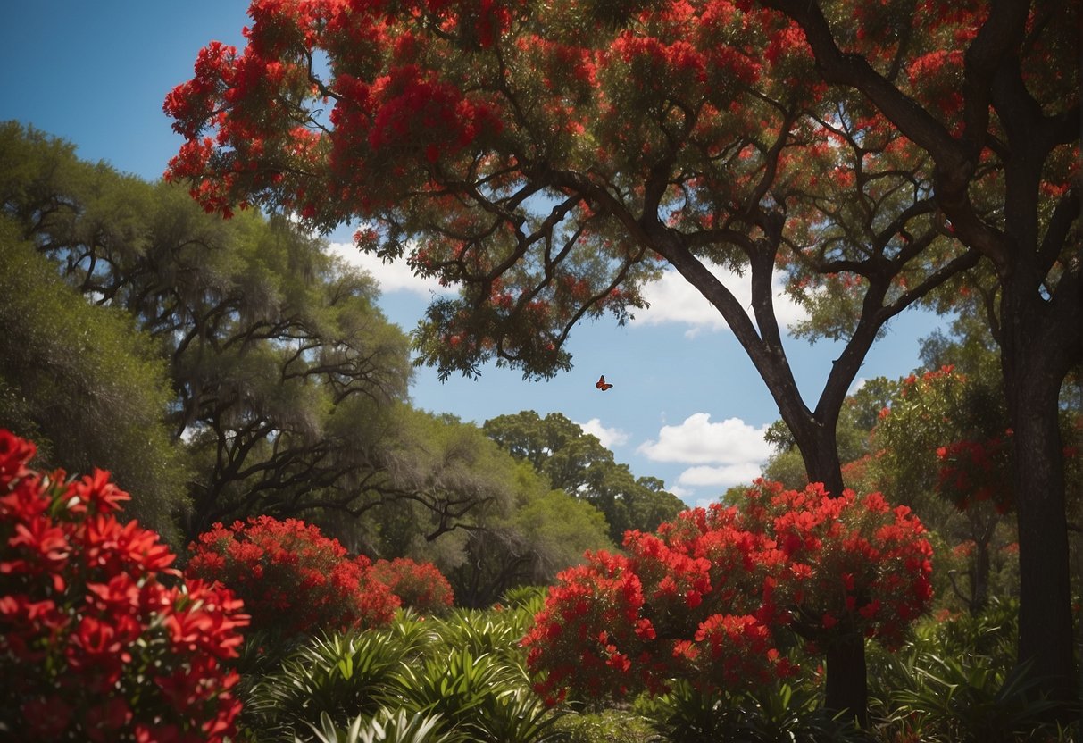 Red blooming trees in Florida, surrounded by lush green foliage. Birds and butterflies are attracted to the vibrant flowers, showcasing the environmental impact and benefits of the trees