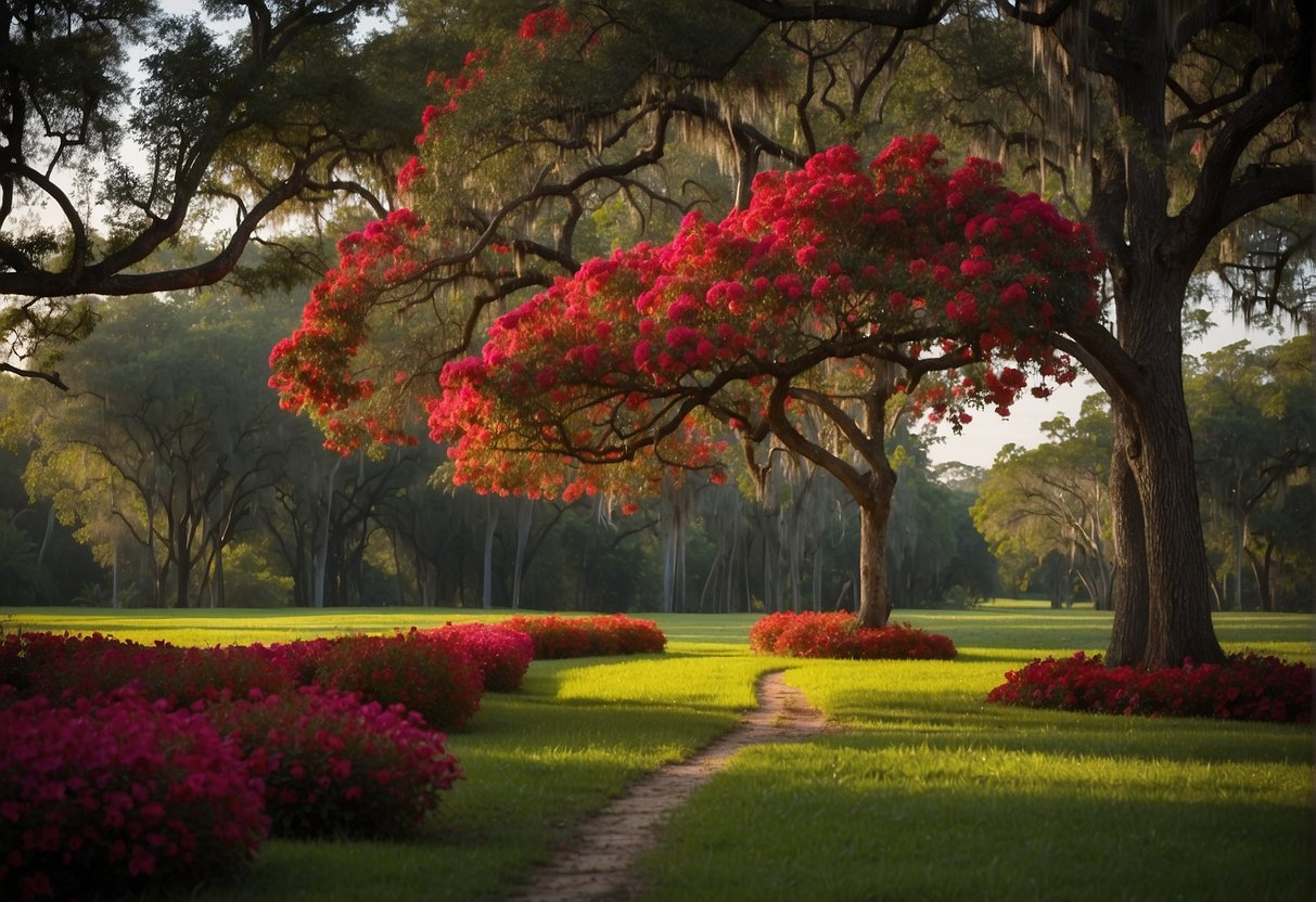 Red blooming trees stand out against the lush greenery of the Florida landscape, their vibrant color adding a pop of brightness to the scene