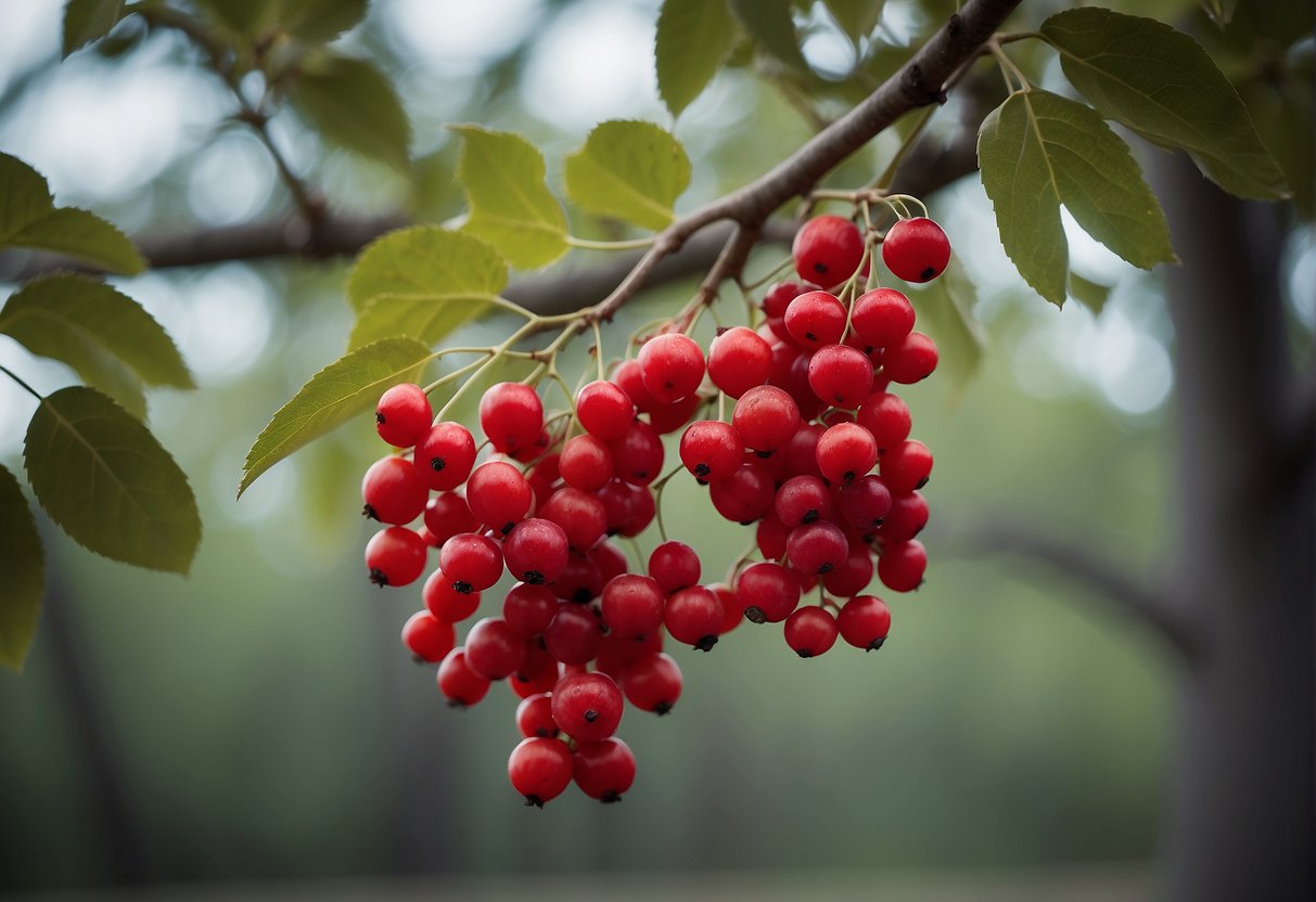 A tall Texas tree with bright red berries hanging from its branches