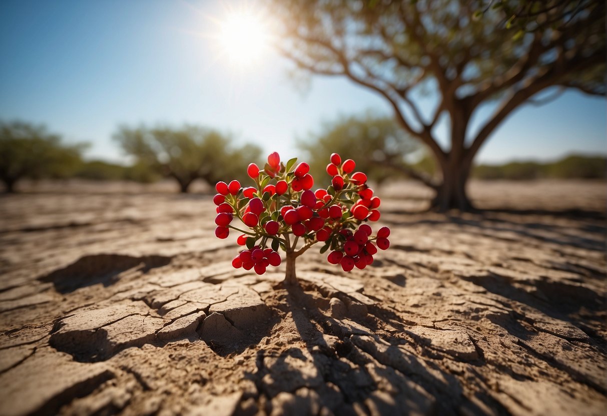 A lone Texas tree stands with vibrant red berries, surrounded by dry, cracked earth, under a scorching sun
