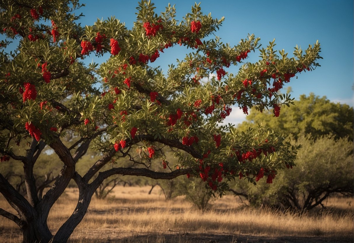 A Texas tree with red berries stands tall, surrounded by diverse wildlife. The berries attract birds and small animals, contributing to the local ecosystem