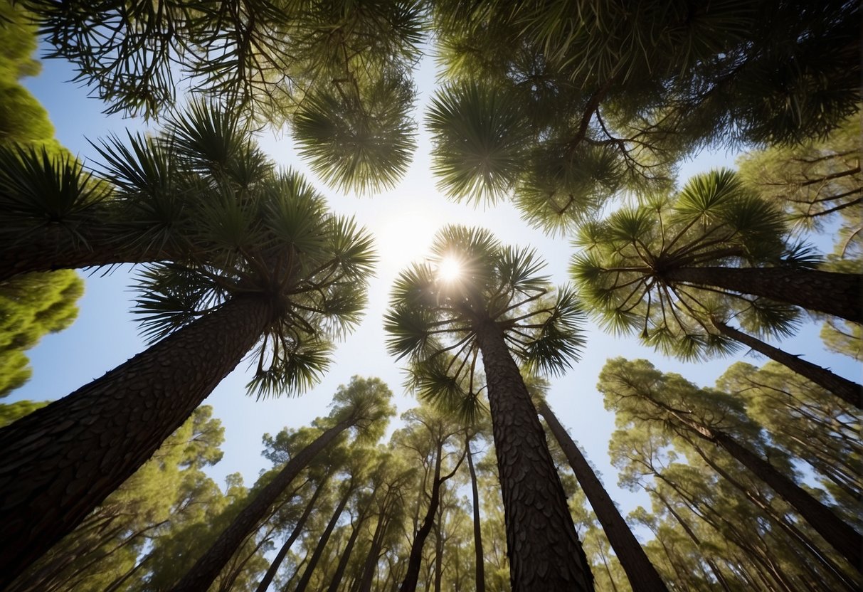Sunlight filters through a dense canopy of south Florida pine trees. Underneath, a diverse array of plants and animals thrive, illustrating the vital ecological role these trees play in the local ecosystem