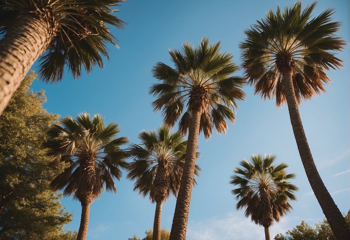 Tall palm trees sway in the gentle breeze against a backdrop of a bright blue sky in Virginia