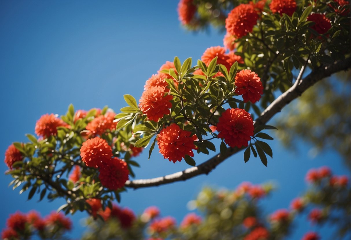 A Florida tree with red blooms stands tall against a bright blue sky