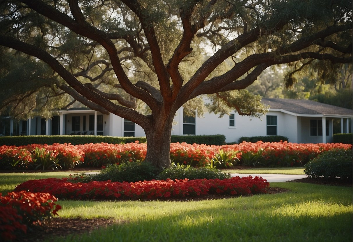 A Florida tree with red blooms thrives in sunny, humid conditions. Regular watering and well-drained soil are essential for its care