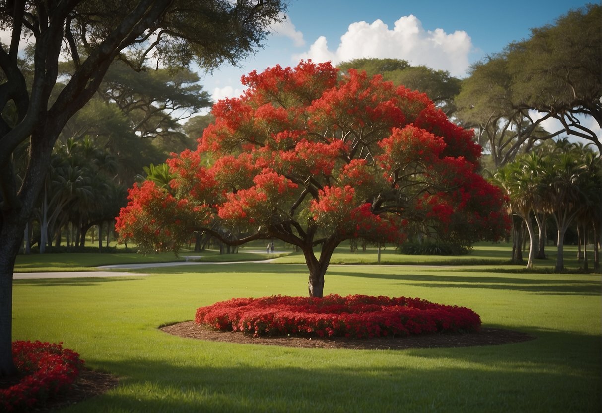 A Florida tree with red blooms stands tall in a lush, green landscape, showcasing its environmental impact through vibrant colors and natural beauty