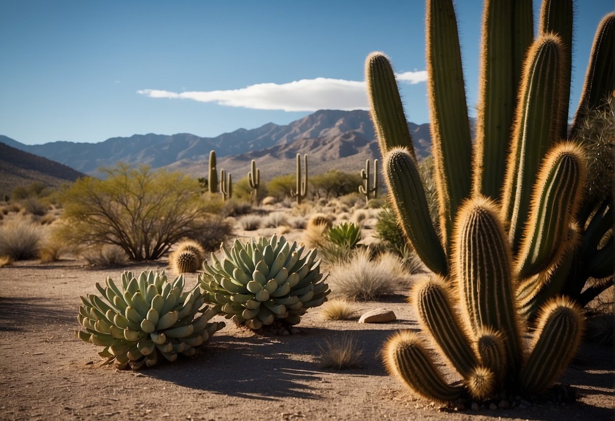 New Mexico's climate and geography are depicted with desert landscapes, rugged mountains, and cacti. Palm trees are not typically found in New Mexico