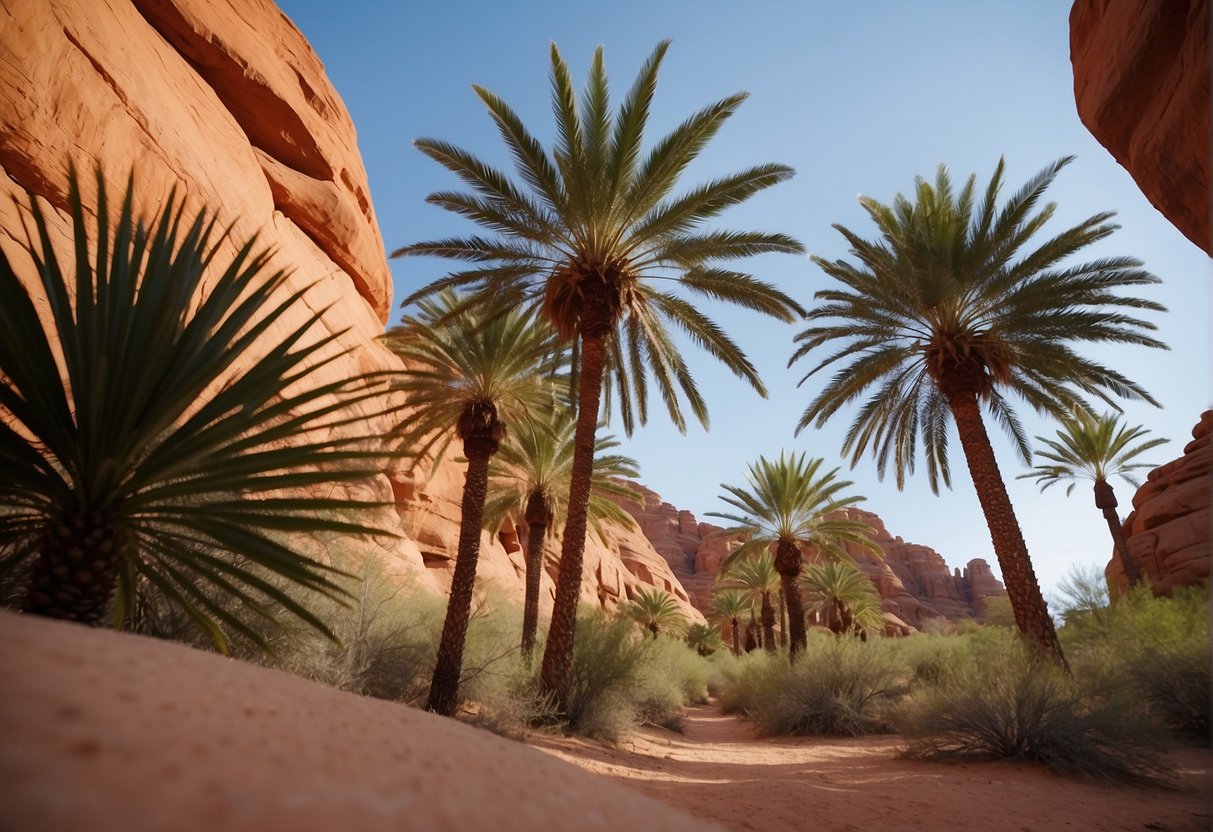 Palm trees sway in the desert breeze, surrounded by red rock formations and a bright blue sky