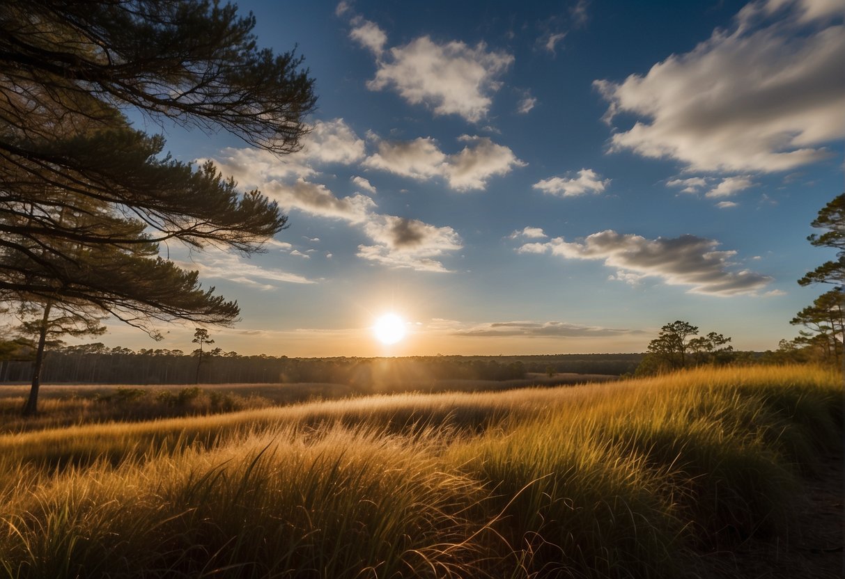 The sun shines brightly over the coastal plains of Eastern NC as a warm breeze blows through the tall grass and cypress trees. The sky is clear with scattered clouds, and the temperature is mild