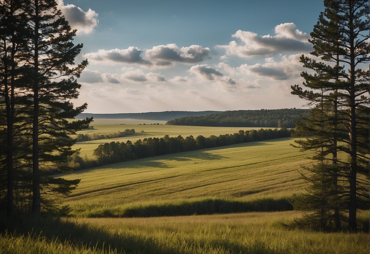 A rural landscape in eastern NC with flat farmland, scattered pine trees, and a distant horizon
