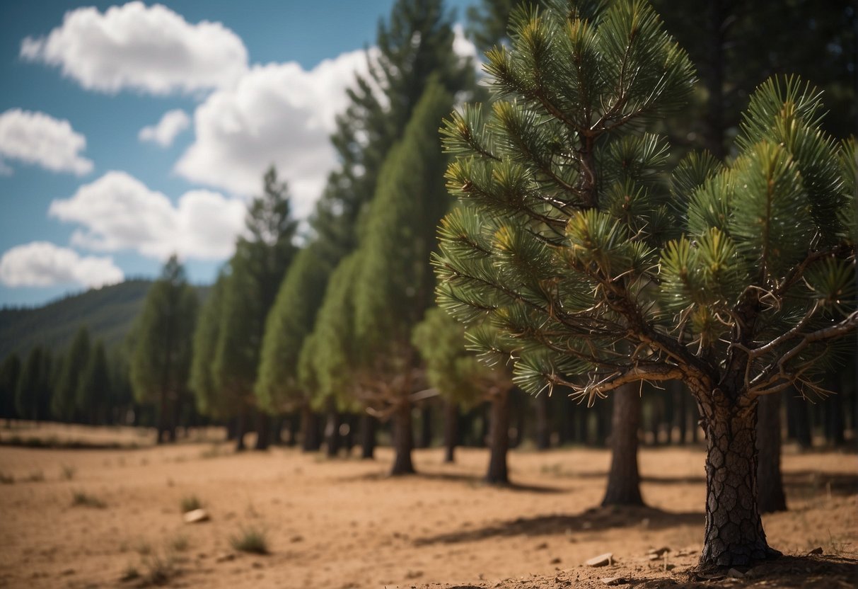 Pine trees stand tall in a dry, hilly landscape. A few trees show signs of stress from drought and environmental challenges