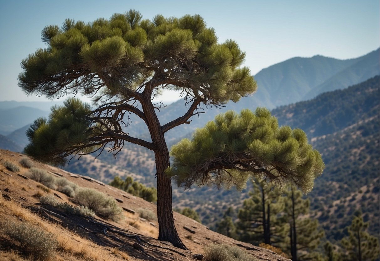 Tall, slender pine trees with long, green needles stand against a backdrop of blue sky and rocky terrain in Southern California