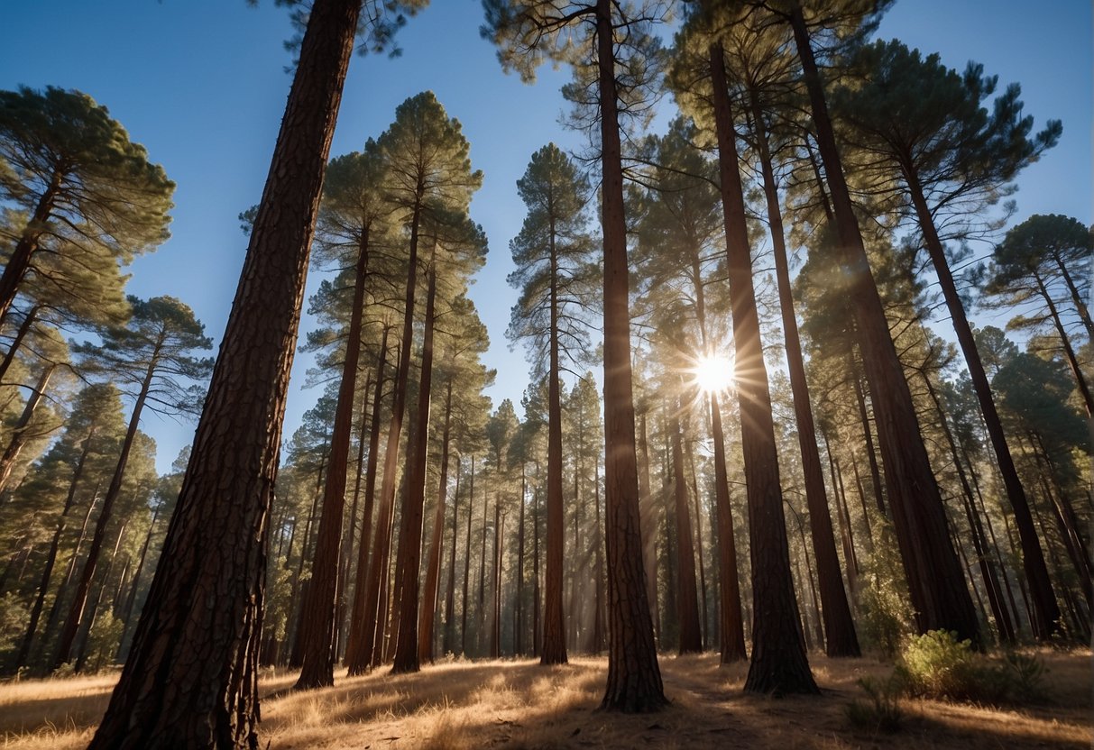Tall pine trees stand against a clear blue sky in Southern California. The sun casts long shadows on the forest floor