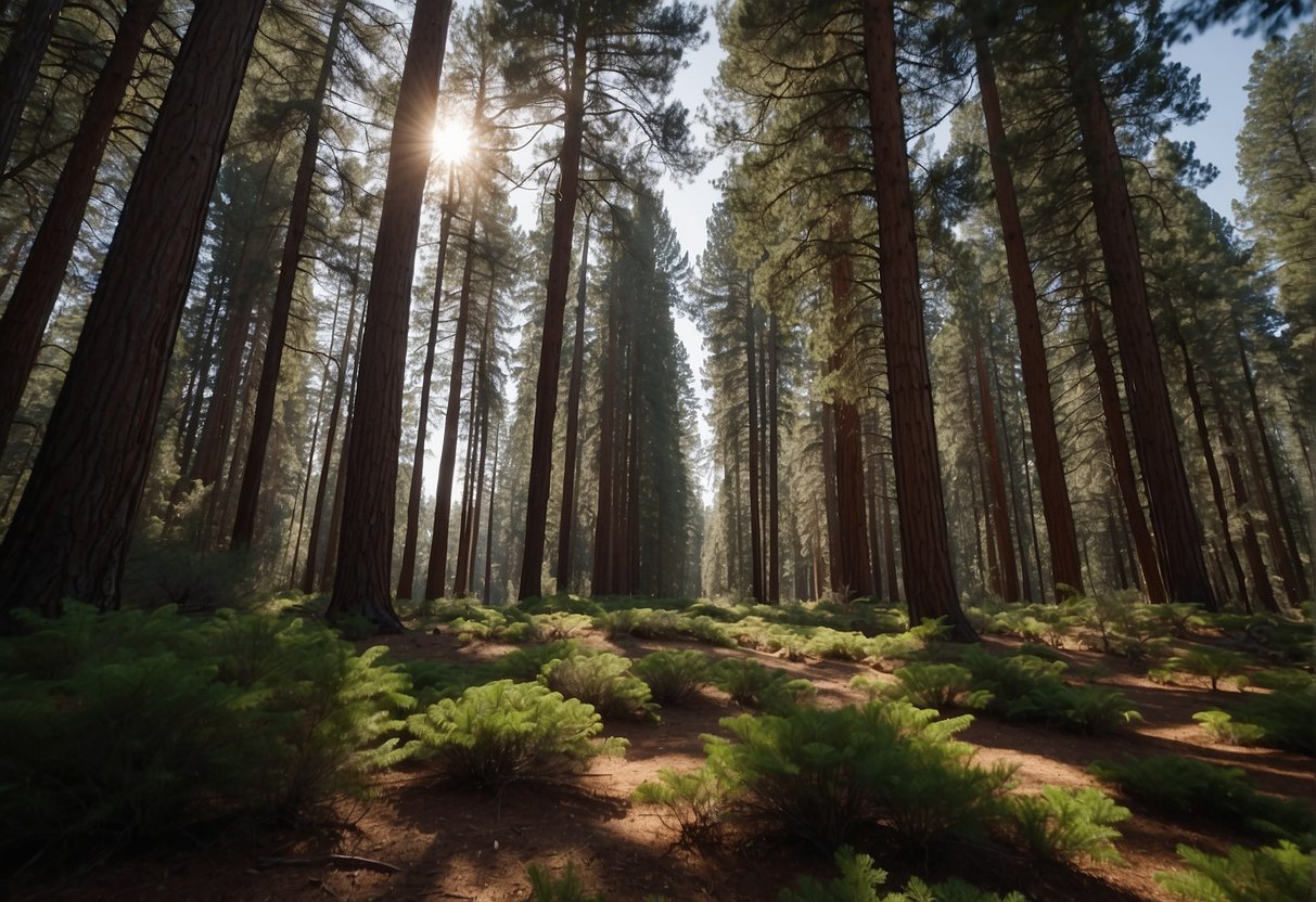 Pine trees stand tall in a dense forest, providing habitat for wildlife and stabilizing soil in Southern California. Their branches reach towards the sky, casting dappled shadows on the forest floor