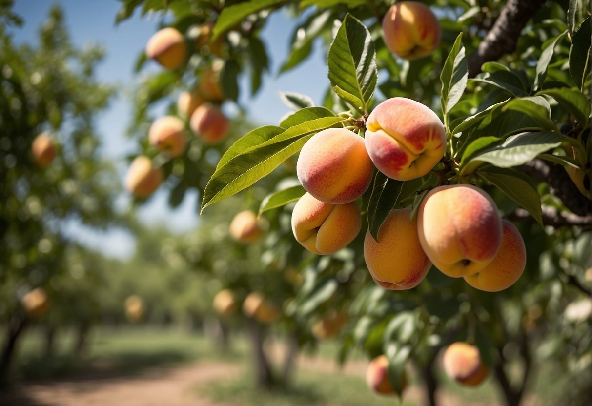 Lush peach trees in full bloom under the Texas sun, with vibrant green leaves and ripe, juicy peaches hanging from the branches