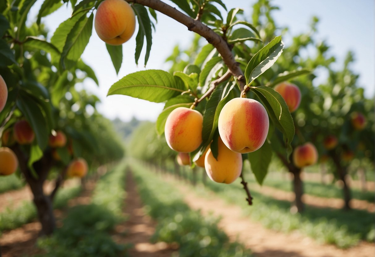 Peach trees surrounded by protective netting and organic pest control, with healthy foliage and ripe fruit