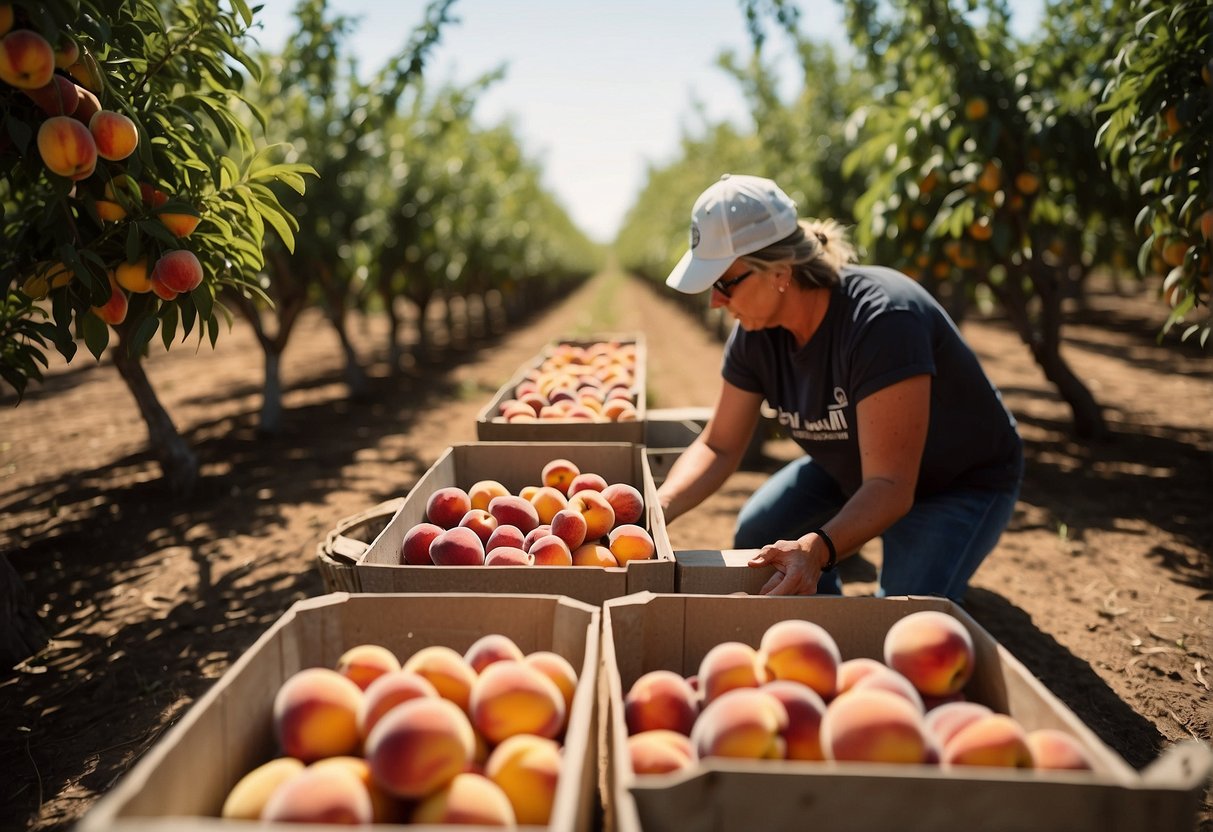 Ripe Texas peaches being picked and placed in baskets under the shade of healthy peach trees