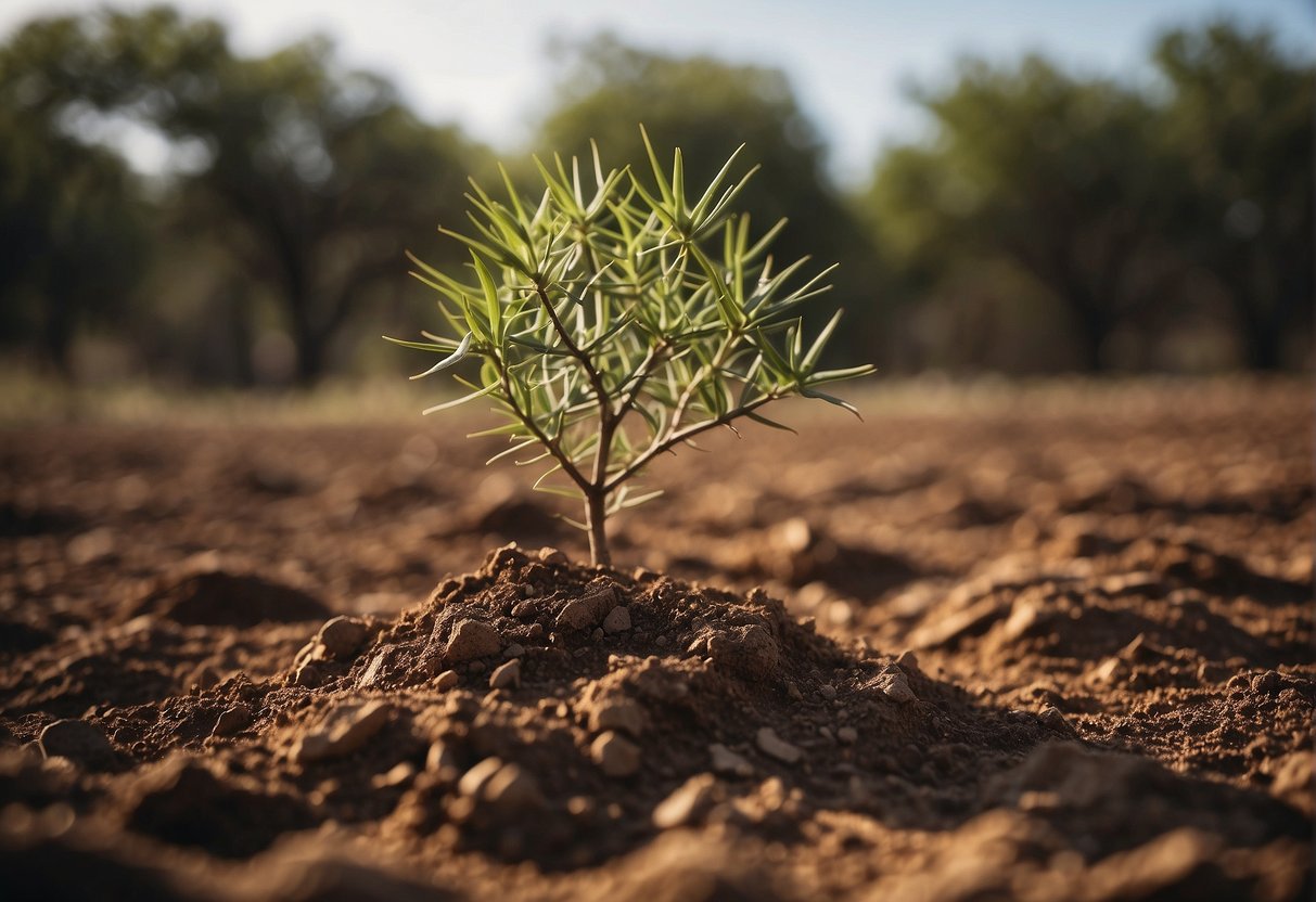 Thorny trees being planted in dry Texas soil, with care instructions nearby