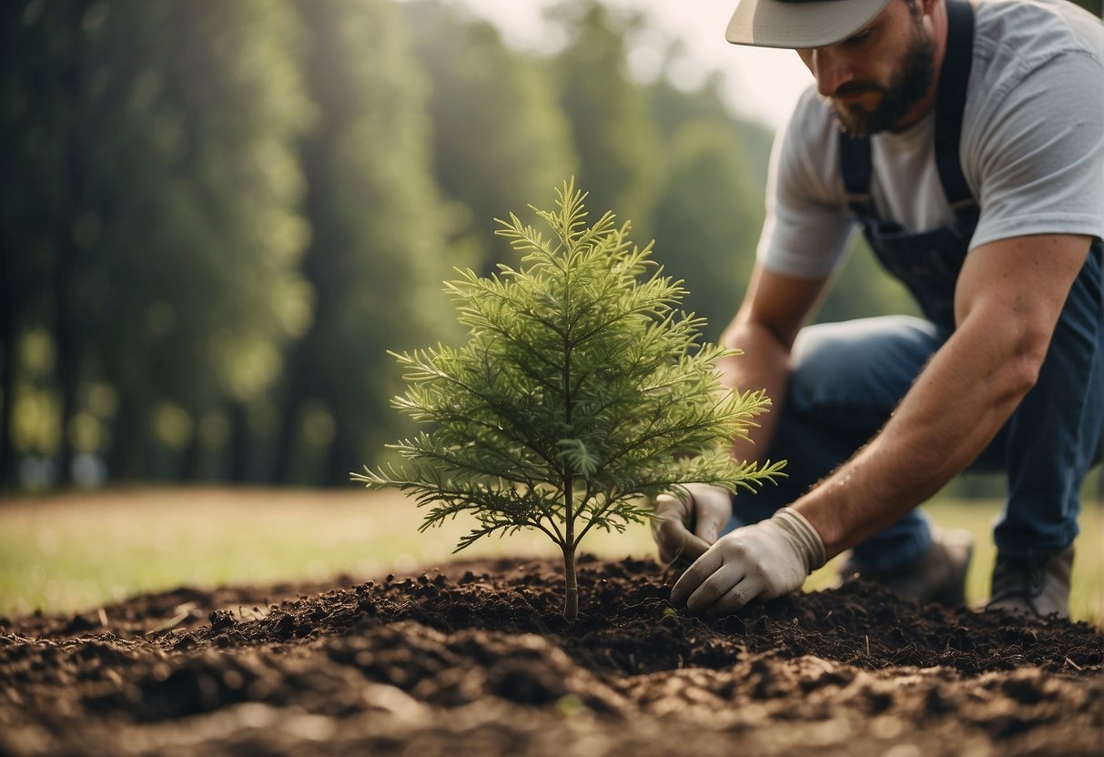 A person planting a fast-growing tree in a Georgia landscape, carefully considering the best location for the tree on their property
