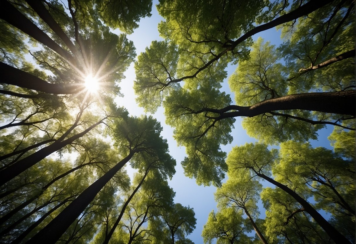 Lush, towering trees reaching towards the sky, surrounded by vibrant green foliage and bountiful branches in a sunny Georgia landscape