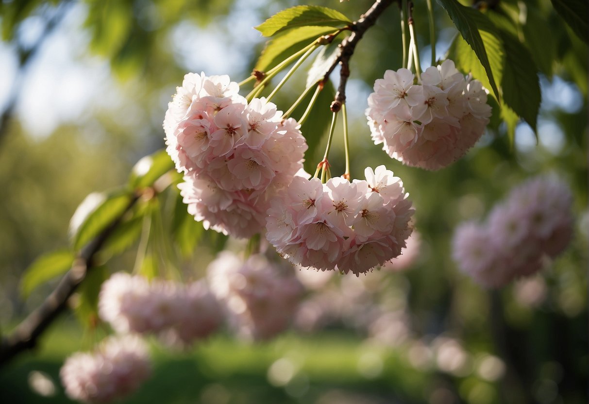 A thriving cherry tree in a Zone 6 garden, with lush green foliage and abundant pink blossoms