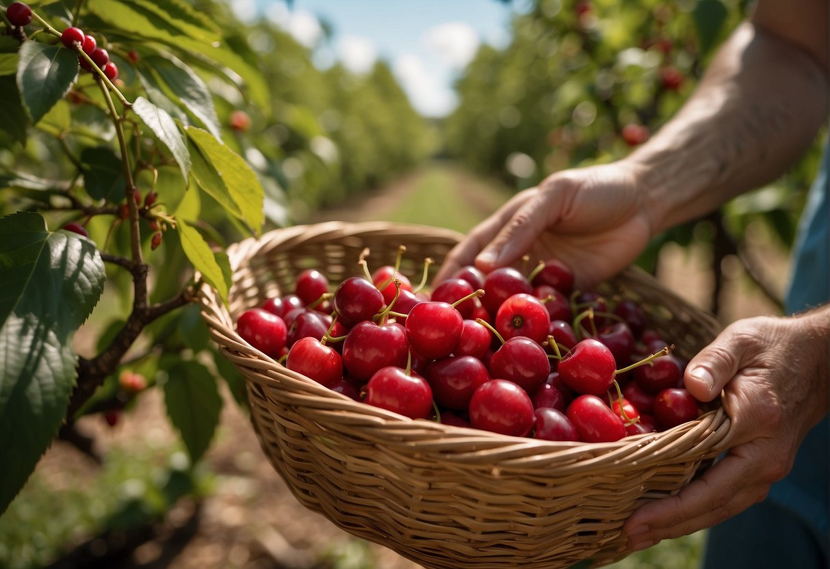 A person picking ripe cherries from a flourishing cherry tree in a zone 6 garden, with baskets of harvested cherries nearby