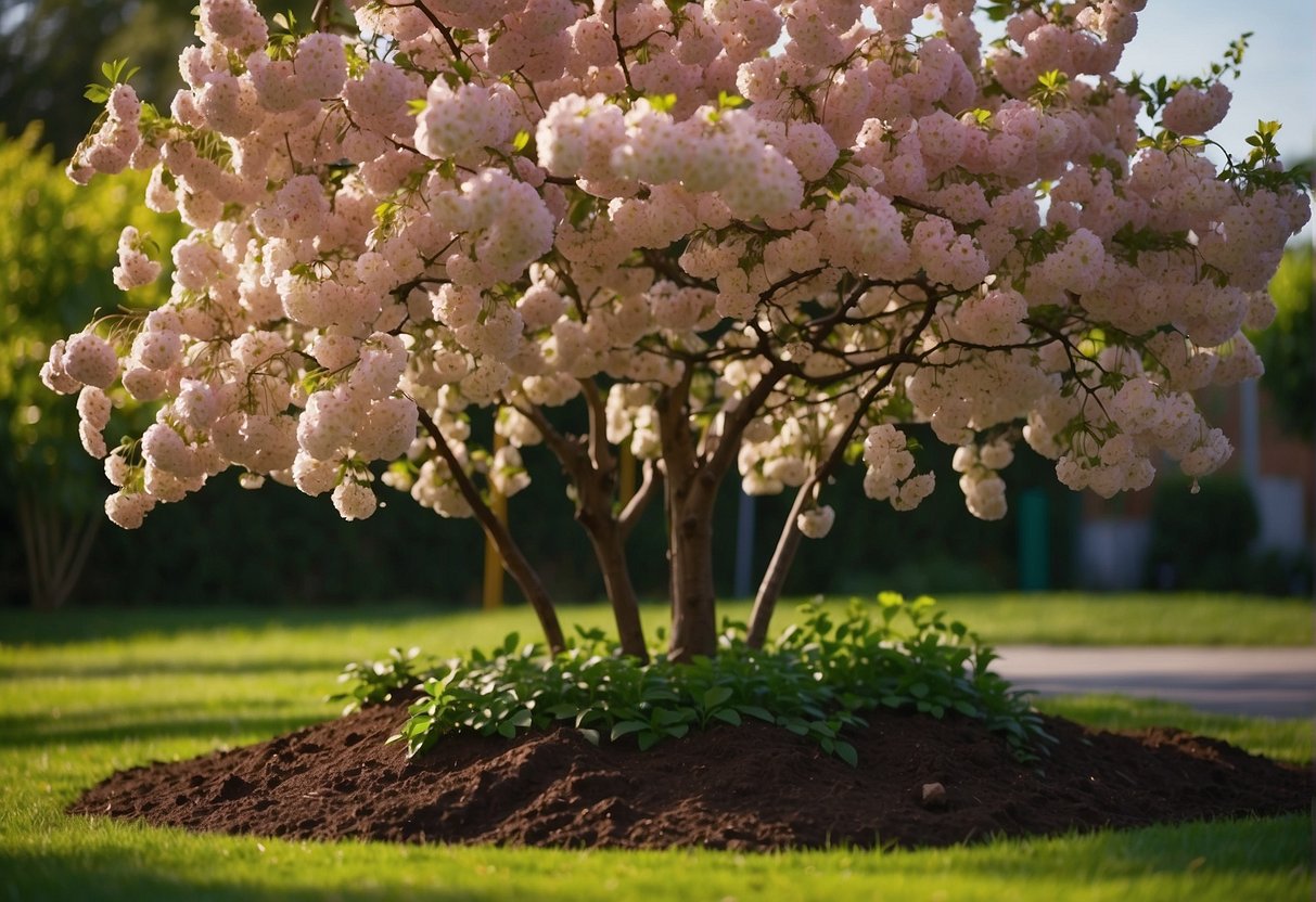 A healthy cherry tree with vibrant green leaves stands tall in a well-tended garden, surrounded by mulch and with a layer of compost at the base