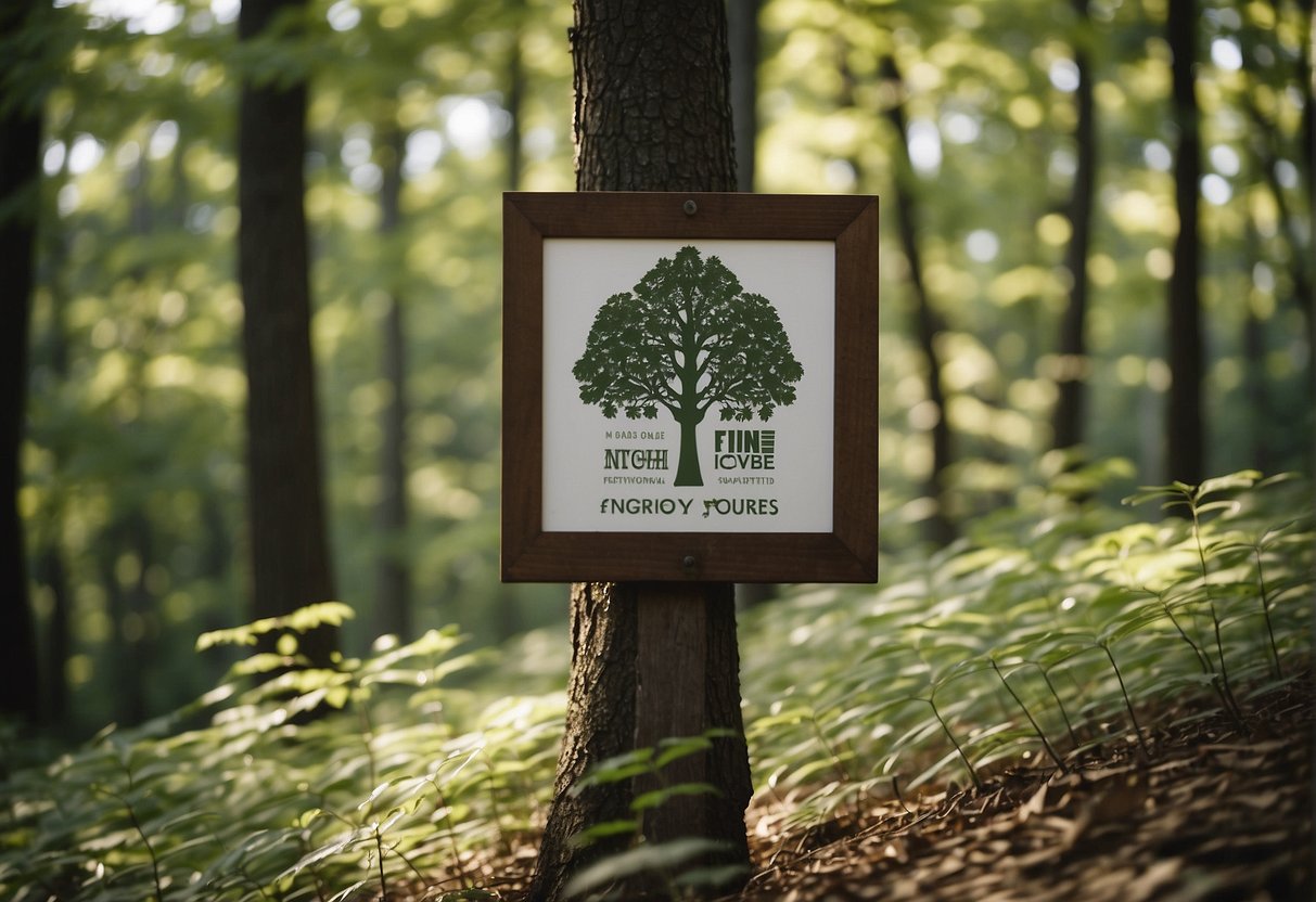 Nut trees stand tall in an Indiana forest, surrounded by educational resources and community involvement signs