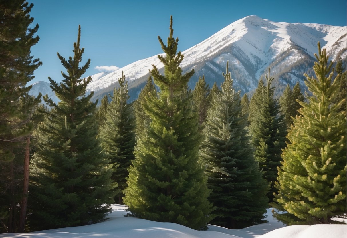 Tall evergreen trees create a natural barrier, providing privacy in a Colorado backyard. Their lush green foliage stands out against the snowy mountain backdrop