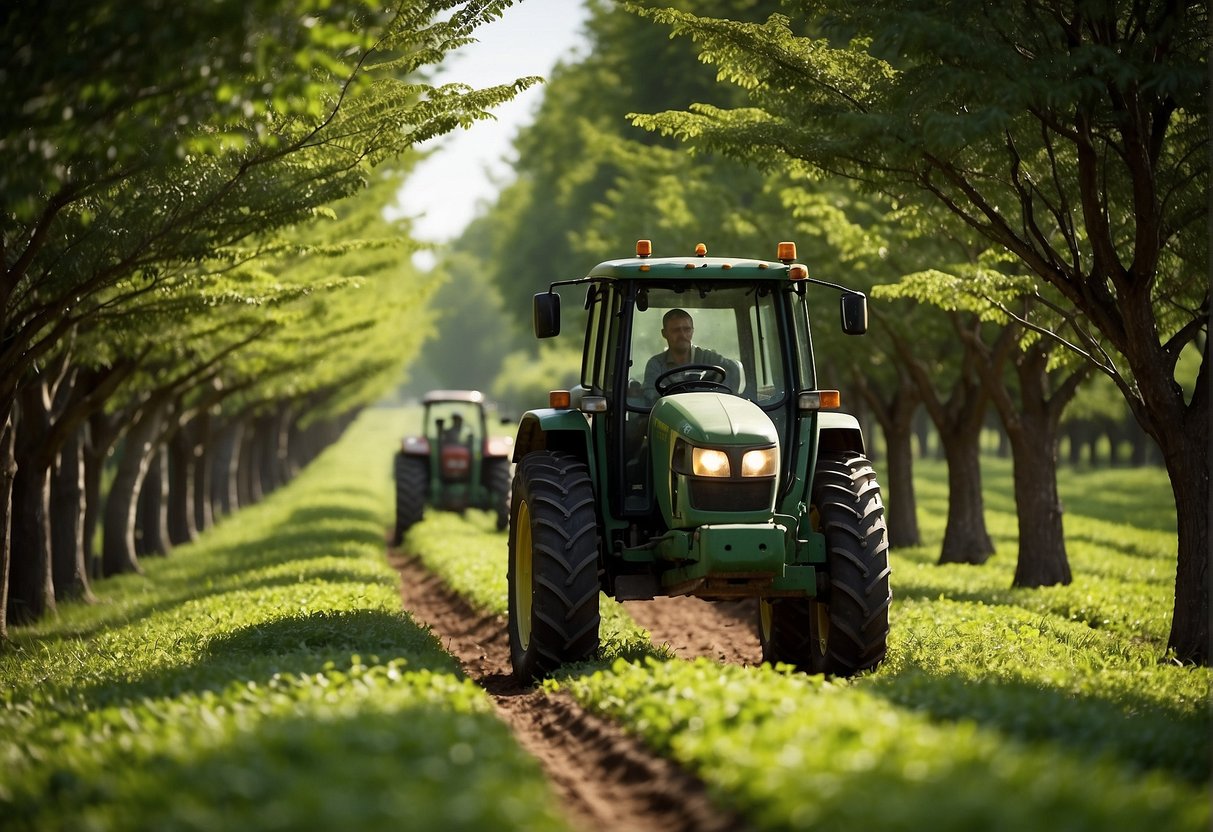 Nut trees in neat rows, surrounded by lush green foliage. A farmer tends to the trees, pruning and fertilizing the soil. A tractor sits nearby, ready for the next task