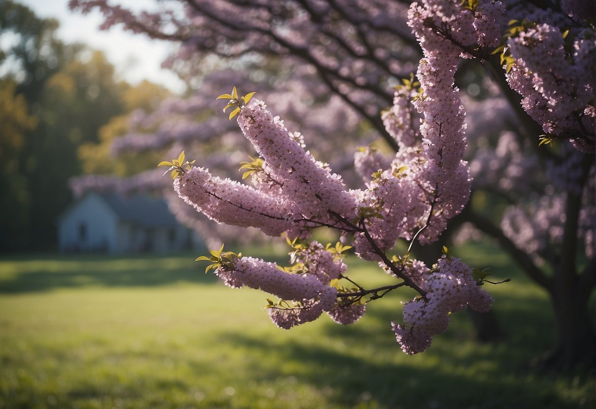 A vibrant purple flowering tree stands tall in the Indiana countryside, its branches adorned with delicate blossoms